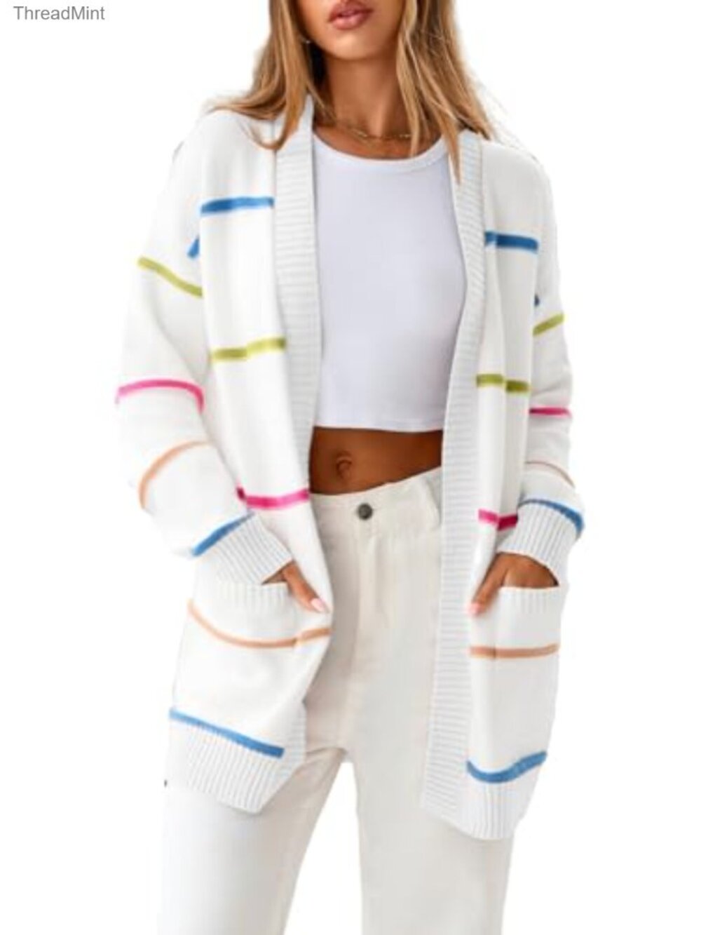 Open Front Striped Cardigan Long Sleeve Lightweight Pockets
